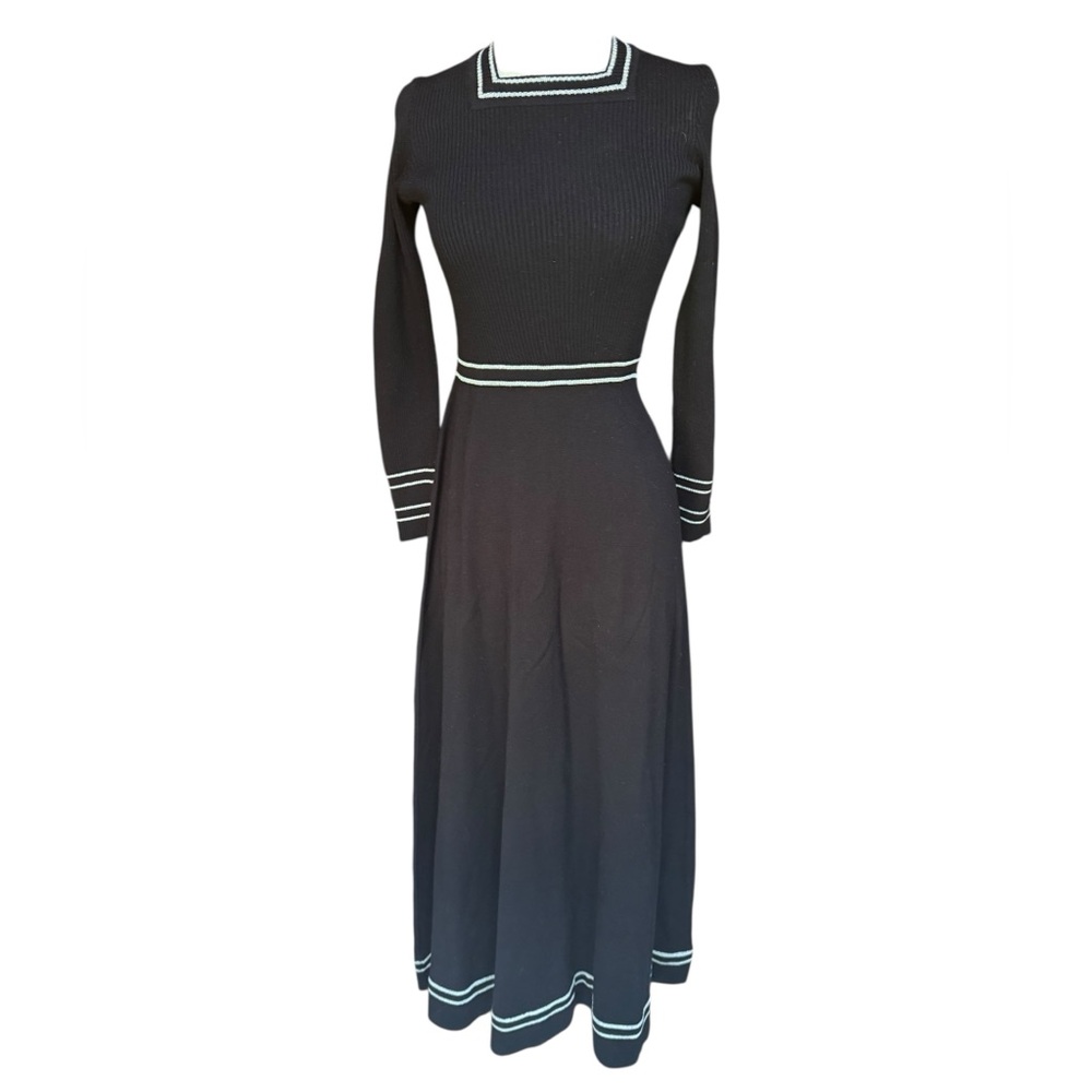 1970s Roncelli Knit Silver Metallic Trim Upper Ribbed Acrylic/Wool Fitted Maxi D